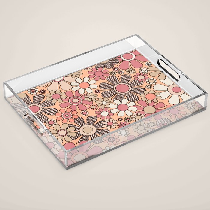 Retro Garden Gingham Flowers Vintage Pattern Peach Mauve Acrylic Tray Gallery Image 1