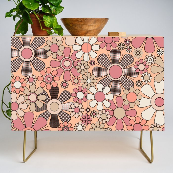 Retro Garden Gingham Flowers Vintage Pattern Peach Mauve Credenza Gallery Image 1