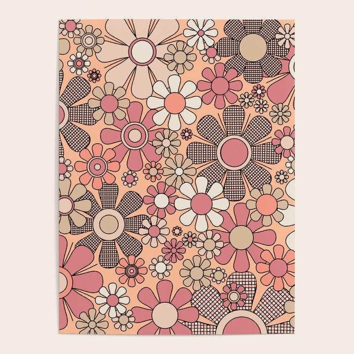 Retro Garden Gingham Flowers Vintage Pattern Peach Mauve Poster Gallery Image 4