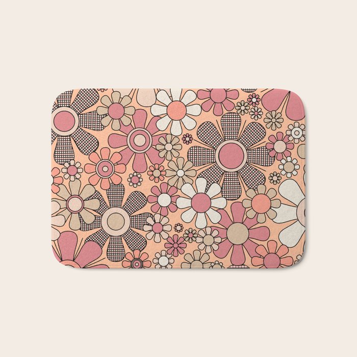 Retro Garden Gingham Flowers Vintage Pattern Peach Mauve Bath Mat Gallery Image 1