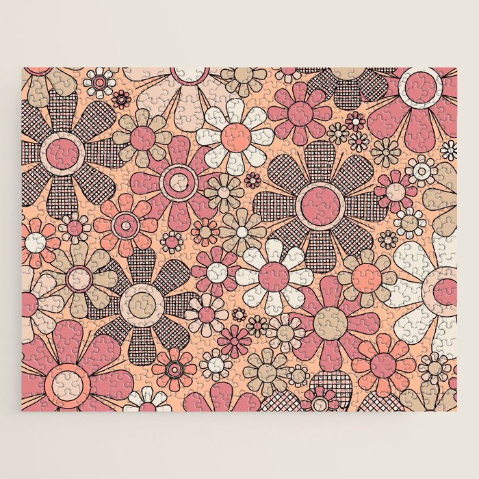 Retro Garden Gingham Flowers Vintage Pattern Peach Mauve Jigsaw Puzzle Gallery Image 1