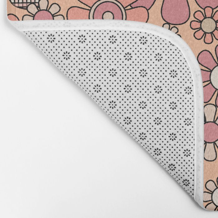 Retro Garden Gingham Flowers Vintage Pattern Peach Mauve Bath Mat Gallery Image 2