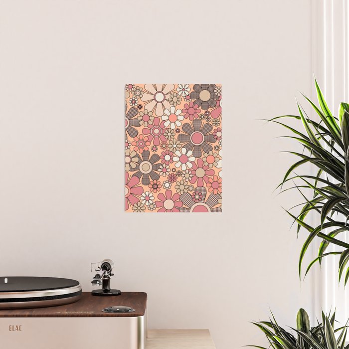 Retro Garden Gingham Flowers Vintage Pattern Peach Mauve Poster Gallery Image 2