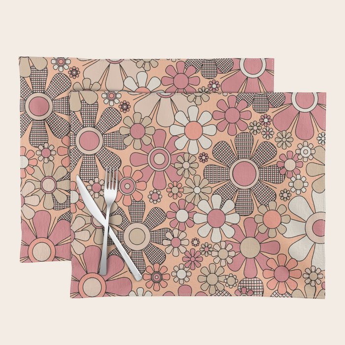 Retro Garden Gingham Flowers Vintage Pattern Peach Mauve Placemat Gallery Image 1