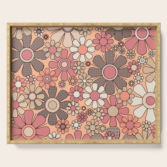 Retro Garden Gingham Flowers Vintage Pattern Peach Mauve Serving Tray Gallery Image 1