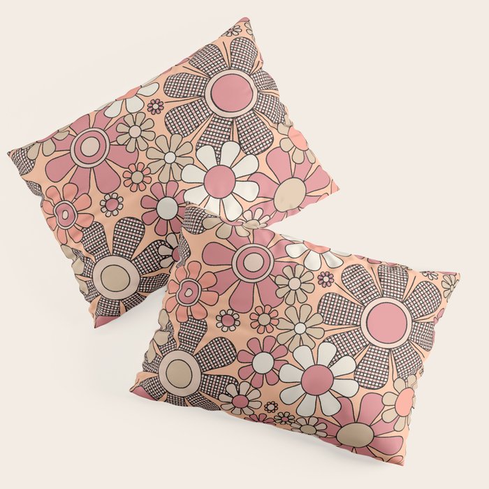 Retro Garden Gingham Flowers Vintage Pattern Peach Mauve Pillow Sham Gallery Image 3
