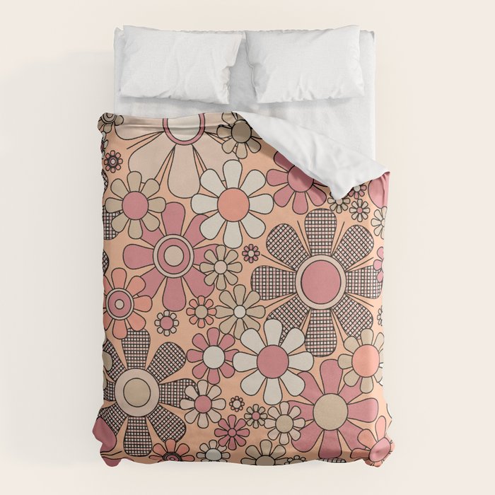 Retro Garden Gingham Flowers Vintage Pattern Peach Mauve Duvet Cover Gallery Image 1