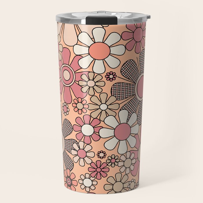Retro Garden Gingham Flowers Vintage Pattern Peach Mauve Travel Mug Gallery Image 1