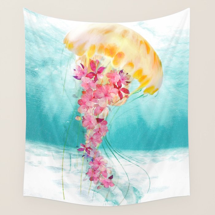 Jellyfish with Flowers Wall Tapestry Gallery Image 4
