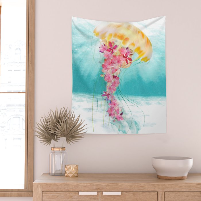 Jellyfish with Flowers Wall Tapestry Gallery Image 2
