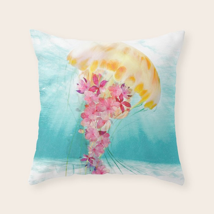 Jellyfish with Flowers Throw Pillow Gallery Image 6