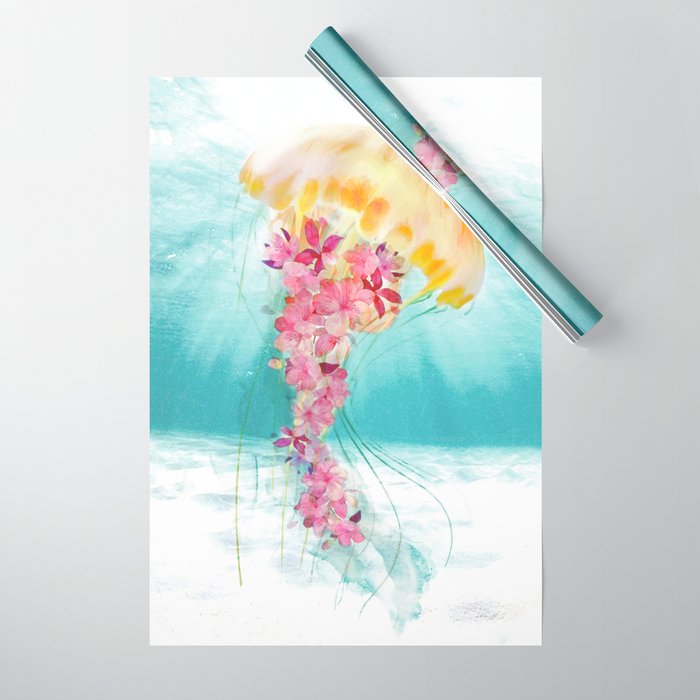 Jellyfish with Flowers Wrapping Paper Gallery Image 1