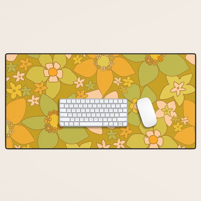 70s groovy retro floral pattern orange brown green handdrawn by surfy birdy  Desk Mat Gallery Image 1