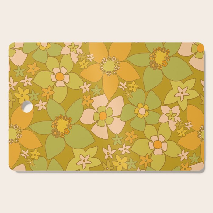 70s groovy retro floral pattern orange brown green handdrawn by surfy birdy  Cutting Board Gallery Image 1