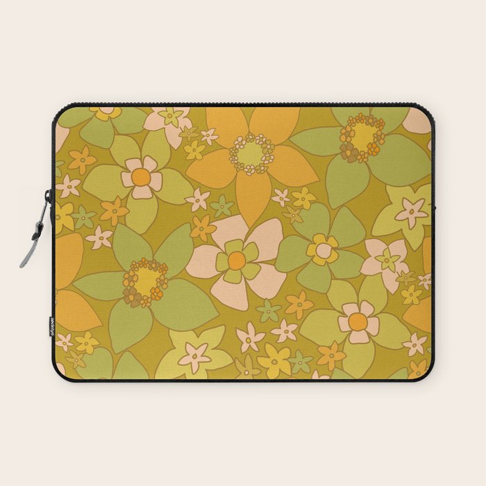 70s groovy retro floral pattern orange brown green handdrawn by surfy birdy  Laptop Sleeve Gallery Image 1