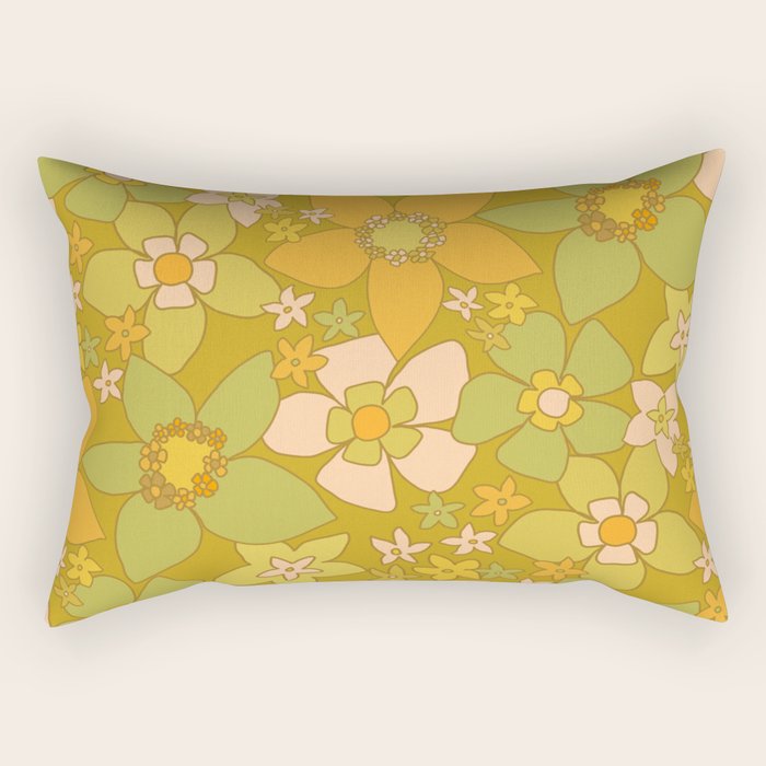 70s groovy retro floral pattern orange brown green handdrawn by surfy birdy  Rectangular Pillow Gallery Image 1