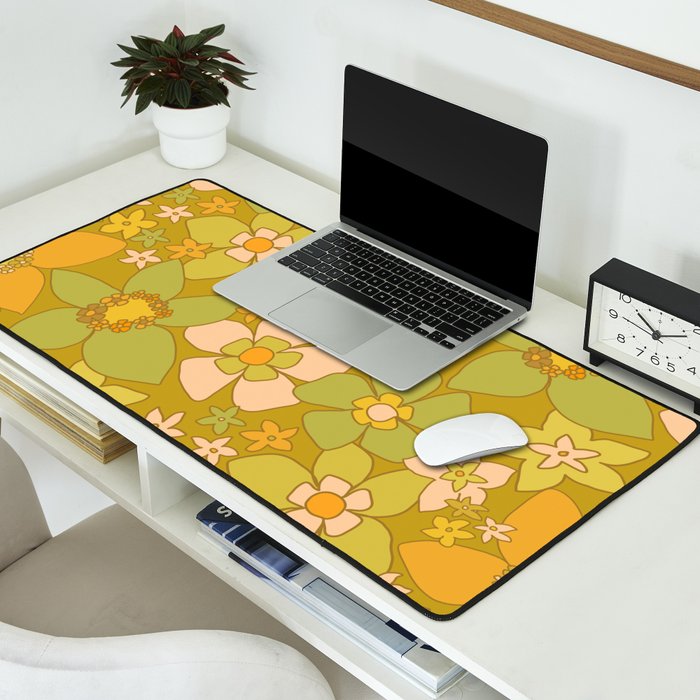 70s groovy retro floral pattern orange brown green handdrawn by surfy birdy  Desk Mat Gallery Image 2