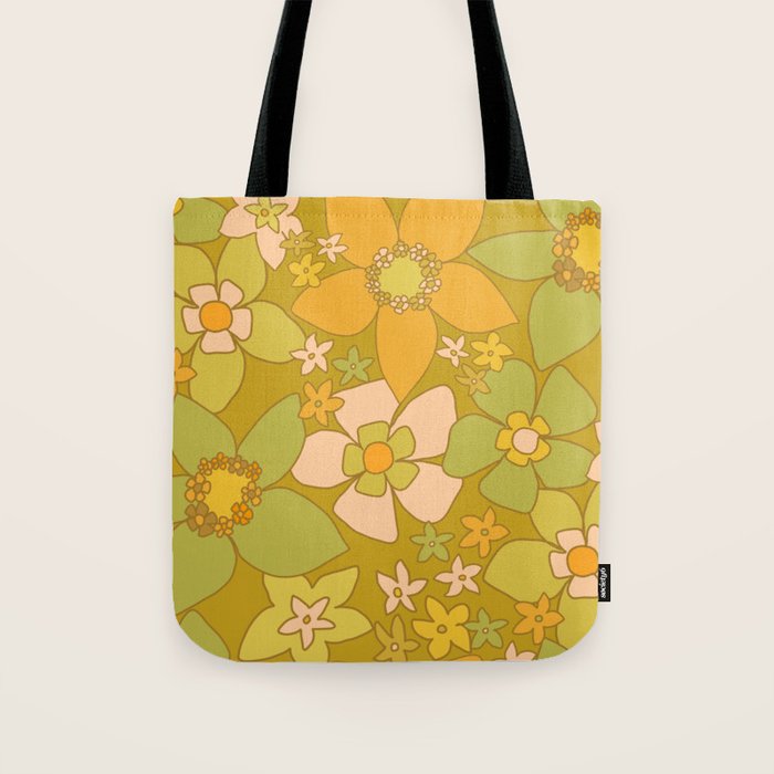 70s groovy retro floral pattern orange brown green handdrawn by surfy birdy  Tote Bag Gallery Image 1