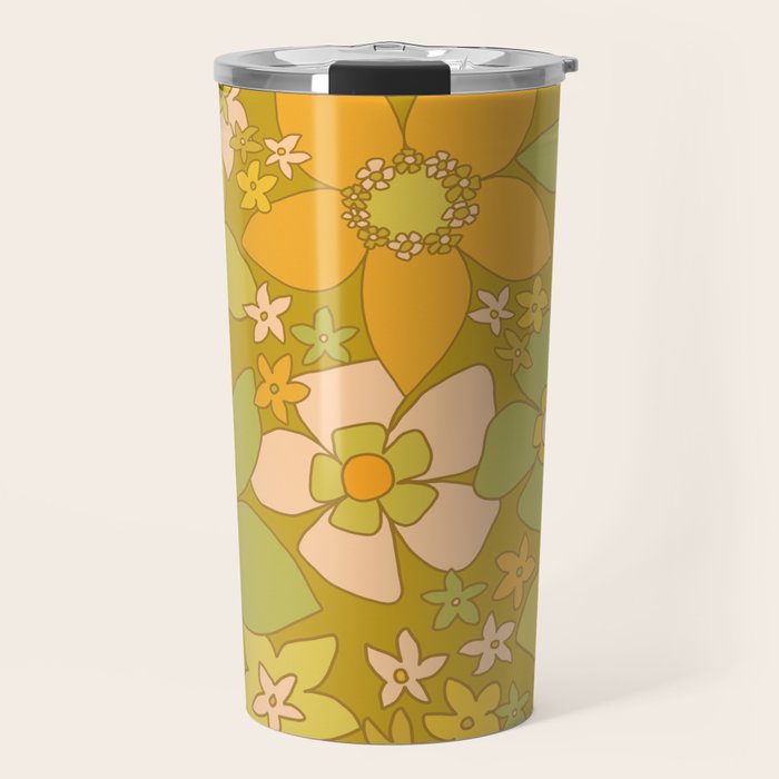 70s groovy retro floral pattern orange brown green handdrawn by surfy birdy  Travel Mug Gallery Image 1