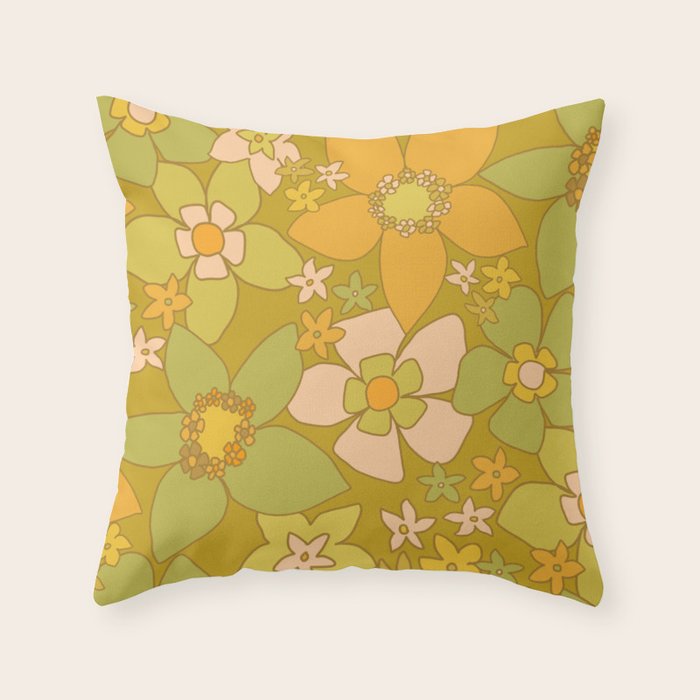 70s groovy retro floral pattern orange brown green handdrawn by surfy birdy  Throw Pillow Gallery Image 1