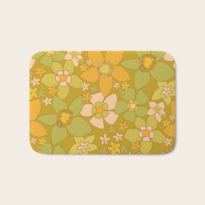 70s groovy retro floral pattern orange brown green handdrawn by surfy birdy  Bath Mat Gallery Image 1