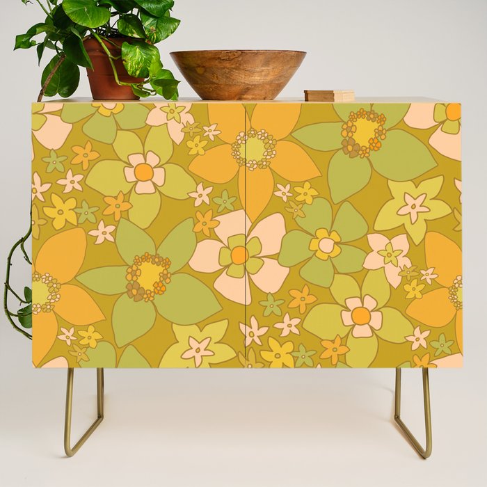 70s groovy retro floral pattern orange brown green handdrawn by surfy birdy  Credenza Gallery Image 1