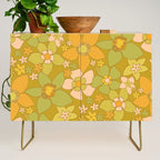 70s groovy retro floral pattern orange brown green handdrawn by surfy birdy  Credenza Gallery Image 1