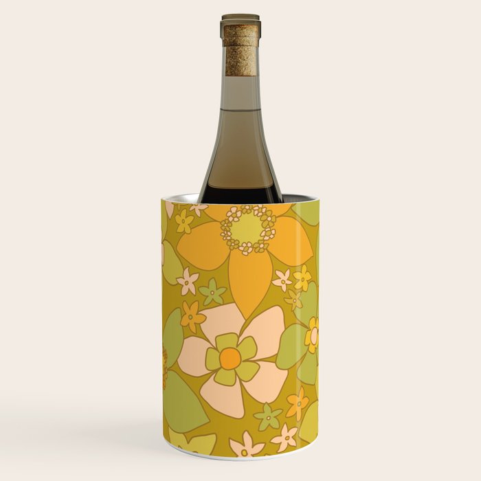 70s groovy retro floral pattern orange brown green handdrawn by surfy birdy  Wine Chiller Gallery Image 1