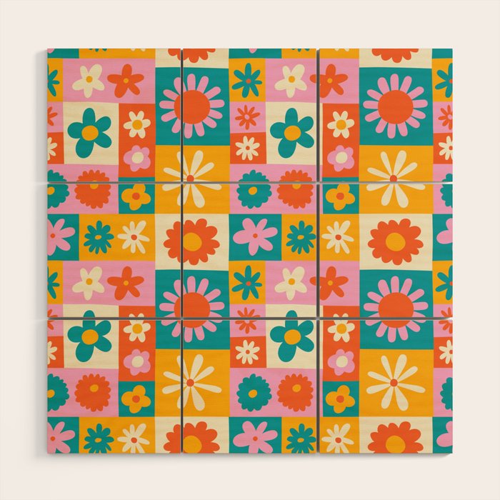 Colorful Vintage Flower Checkered Art Pattern Wood Wall Art