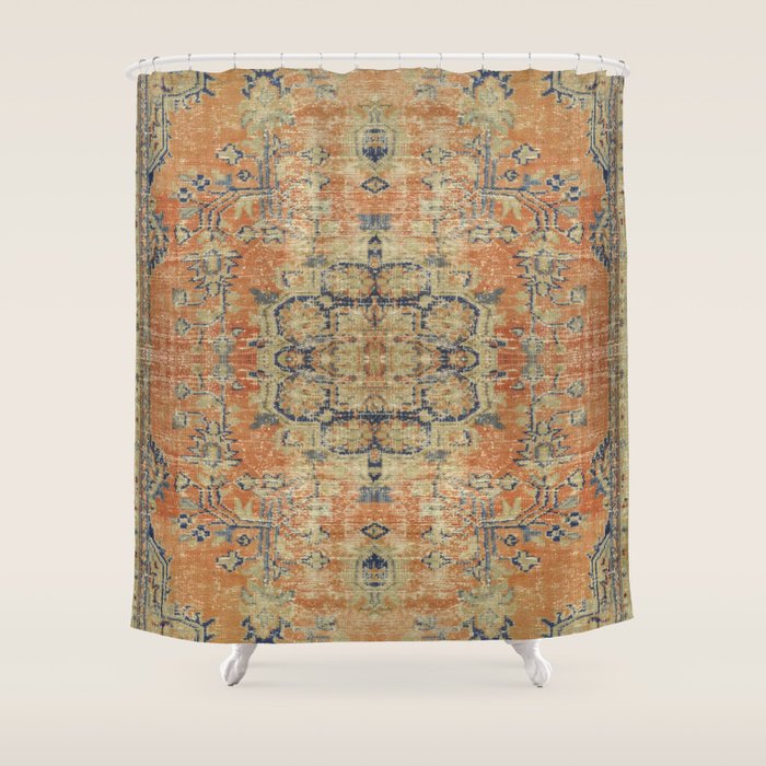 Vintage Woven Coral and Blue Kilim Shower Curtain Gallery Image 1