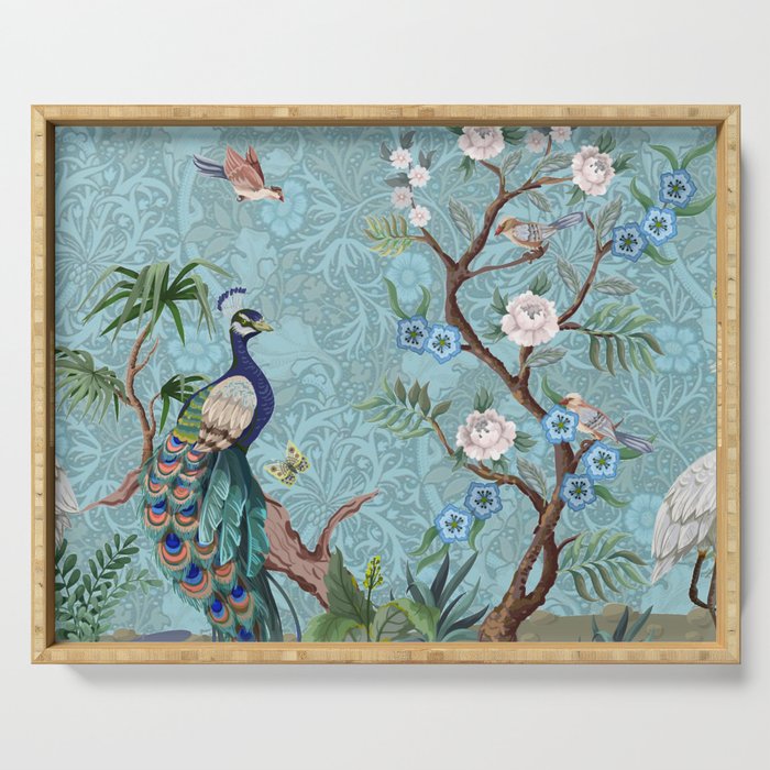Chinoiserie Aqua Turquoise Peacock Garden & William Morris Art  Serving Tray Gallery Image 1