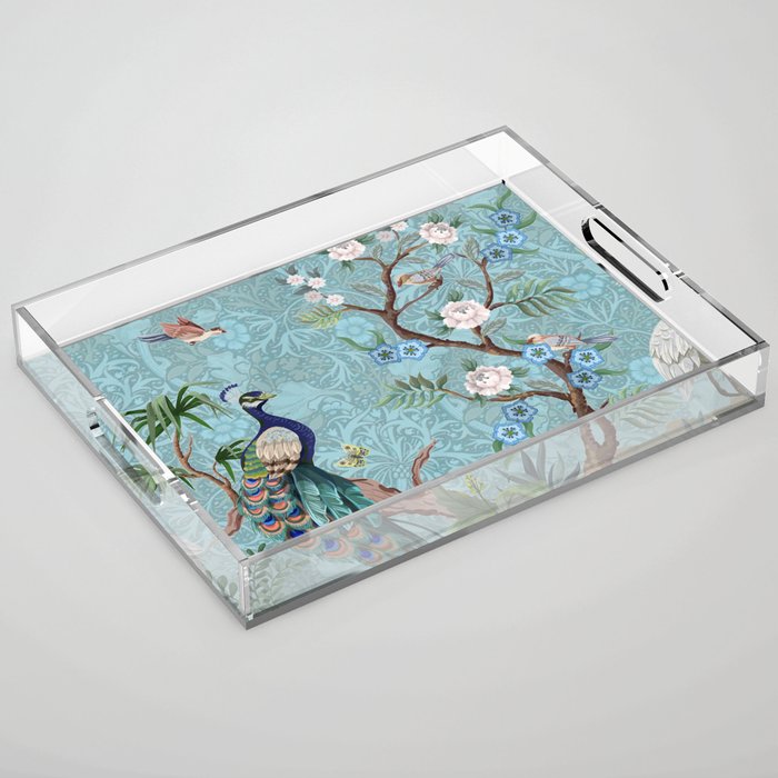 Chinoiserie Aqua Turquoise Peacock Garden & William Morris Art  Acrylic Tray Gallery Image 1