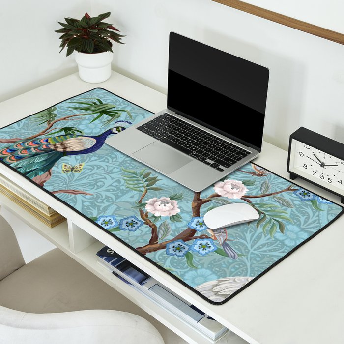 Chinoiserie Aqua Turquoise Peacock Garden & William Morris Art  Desk Mat Gallery Image 2
