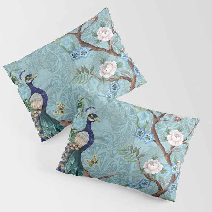 Chinoiserie Aqua Turquoise Peacock Garden & William Morris Art  Pillow Sham Gallery Image 3