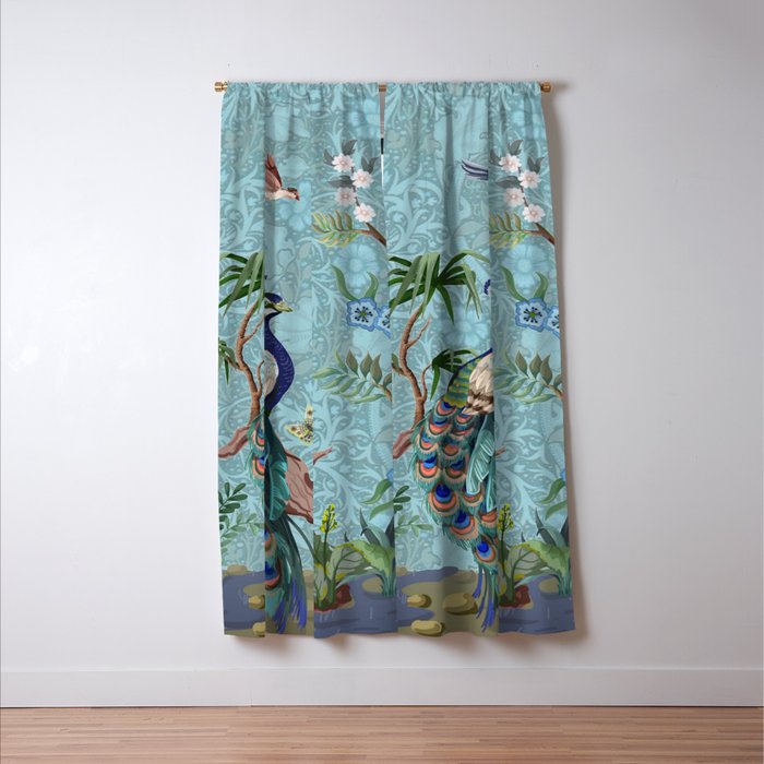 Chinoiserie Aqua Turquoise Peacock Garden & William Morris Art  Window Curtain Gallery Image 3