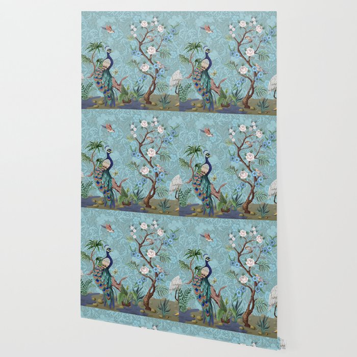 Chinoiserie Aqua Turquoise Peacock Garden & William Morris Art  Wallpaper Gallery Image 2