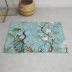 Chinoiserie Aqua Turquoise Peacock Garden & William Morris Art  Rug Gallery Image 1