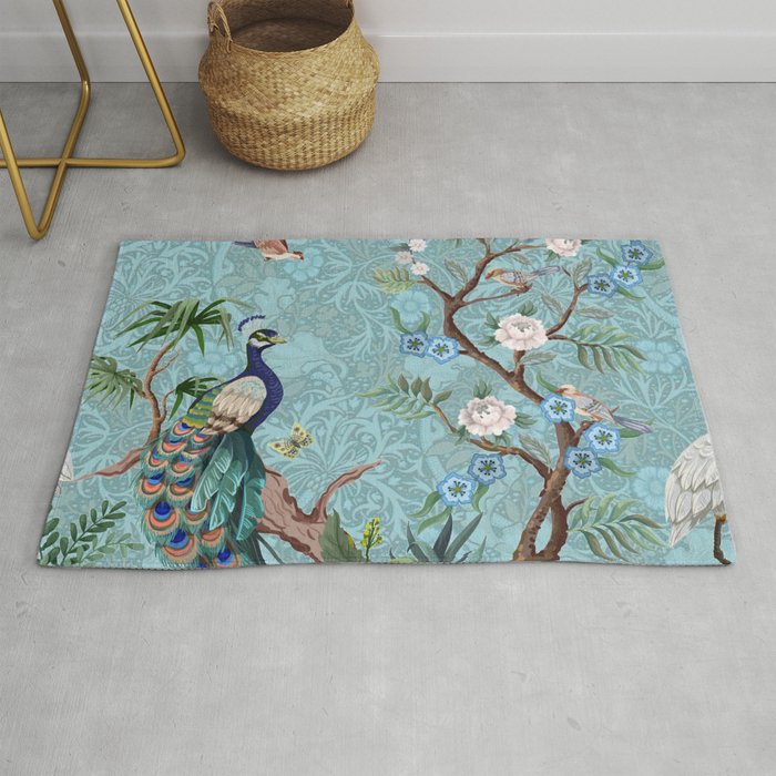 Chinoiserie Aqua Turquoise Peacock Garden & William Morris Art  Rug Gallery Image 1