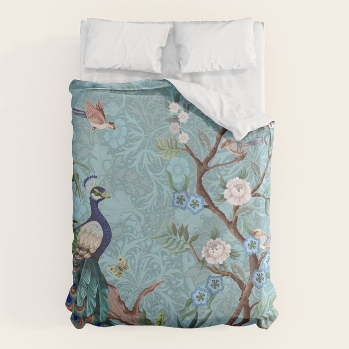 Chinoiserie Aqua Turquoise Peacock Garden & William Morris Art  Duvet Cover Gallery Image 6