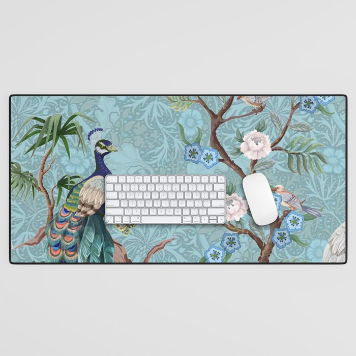 Chinoiserie Aqua Turquoise Peacock Garden & William Morris Art  Desk Mat Gallery Image 1