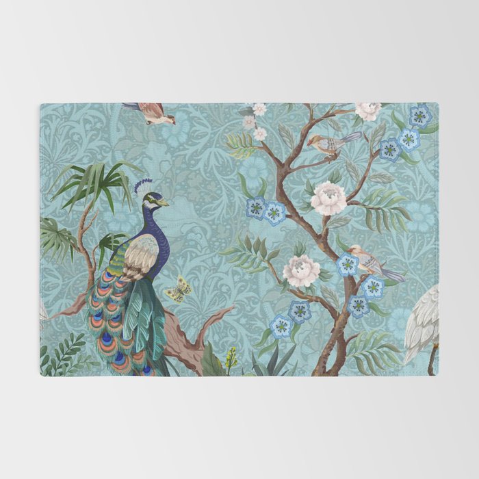 Chinoiserie Aqua Turquoise Peacock Garden & William Morris Art  Rug Gallery Image 2