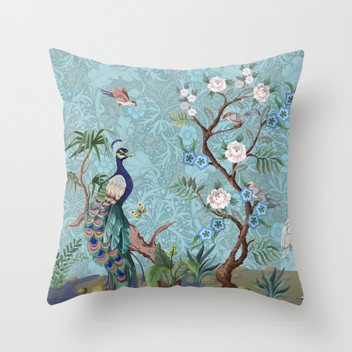 Chinoiserie Aqua Turquoise Peacock Garden & William Morris Art  Throw Pillow Gallery Image 6