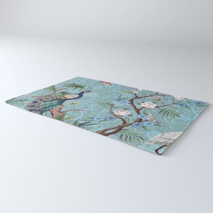 Chinoiserie Aqua Turquoise Peacock Garden & William Morris Art  Rug Gallery Image 3