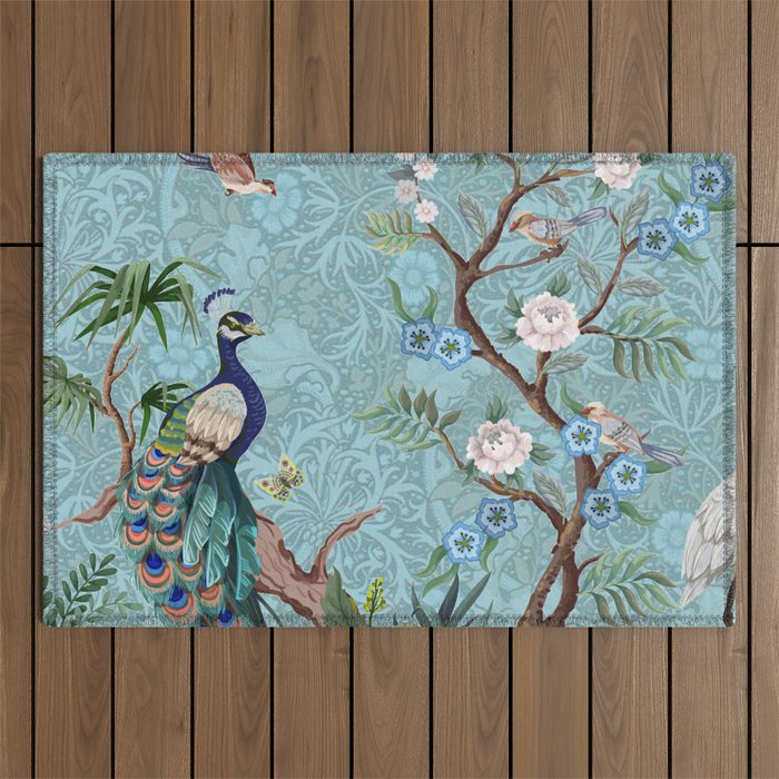 Chinoiserie Aqua Turquoise Peacock Garden & William Morris Art  Outdoor Rug Gallery Image 1