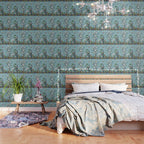 Chinoiserie Aqua Turquoise Peacock Garden & William Morris Art  Wallpaper Gallery Image 3
