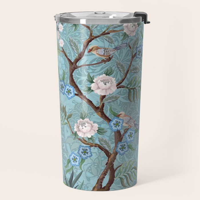 Chinoiserie Aqua Turquoise Peacock Garden & William Morris Art  Travel Mug Gallery Image 2