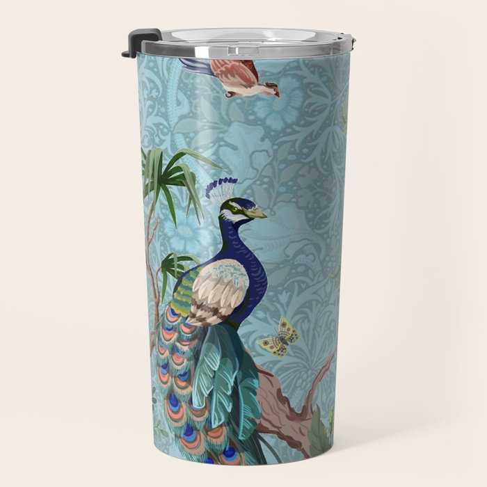 Chinoiserie Aqua Turquoise Peacock Garden & William Morris Art  Travel Mug Gallery Image 3