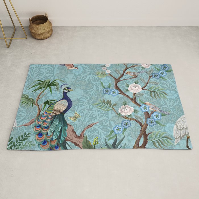 Chinoiserie Aqua Turquoise Peacock Garden & William Morris Art  Rug Gallery Image 2