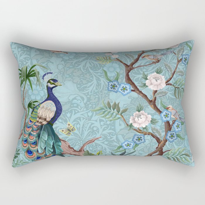 Chinoiserie Aqua Turquoise Peacock Garden & William Morris Art  Rectangular Pillow Gallery Image 2
