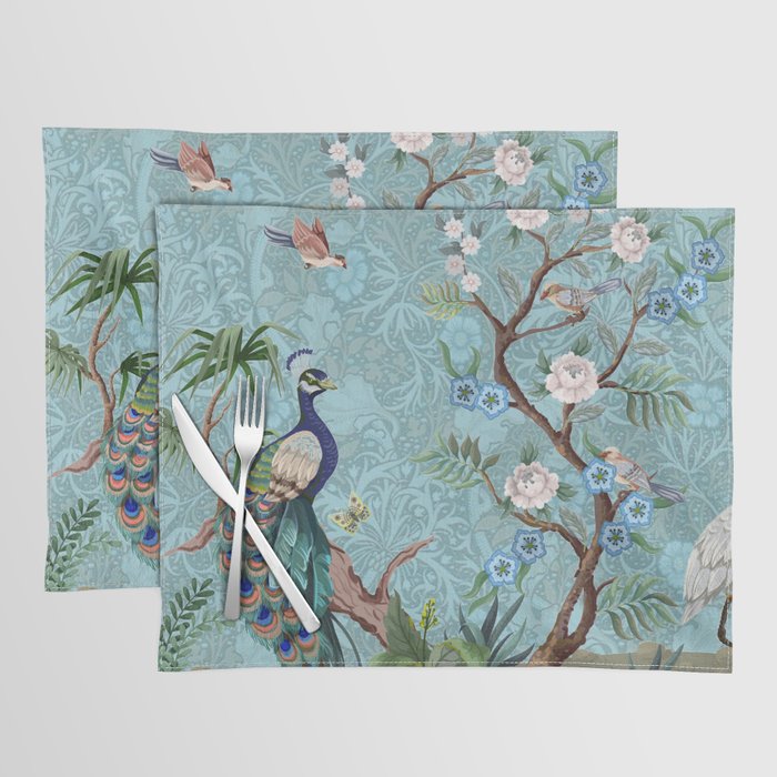 Chinoiserie Aqua Turquoise Peacock Garden & William Morris Art  Placemat Gallery Image 1